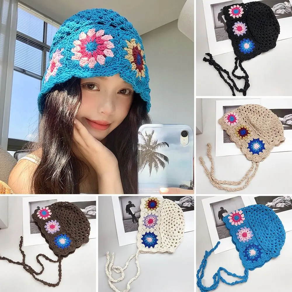 

Breathable Hollowed Out Knitted Hat Flowers Summer Beret Cap Casual Fashion Skullies Hat for Women