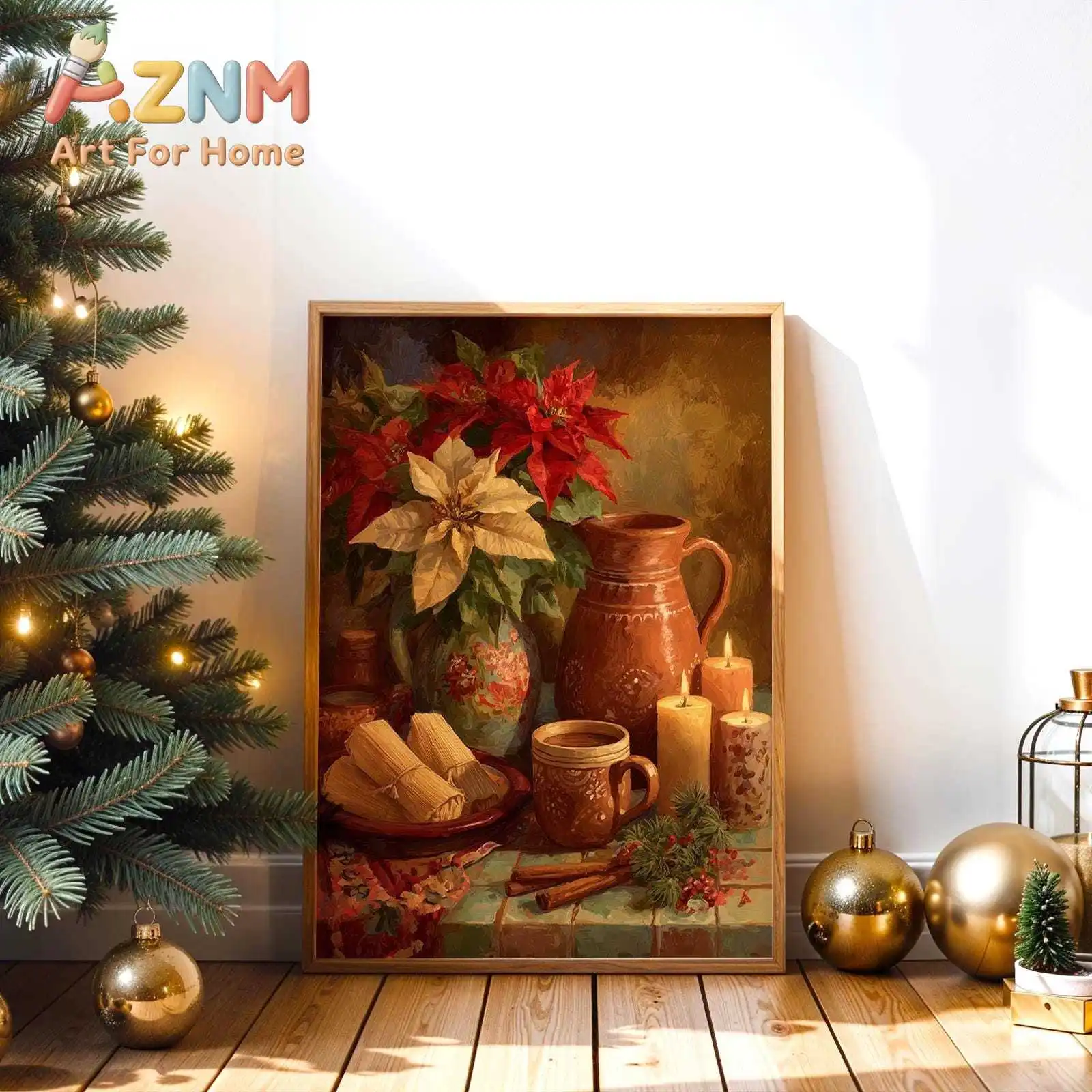 Mexican Christmas Poster Tamales & Ponche Kitchen Art Poster Poinsettia Holiday Print Latin Christmas Poster for Home Decoration