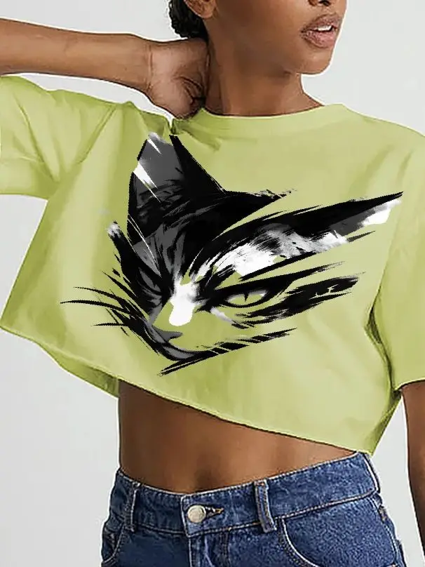 

Короткая футболка Cool Cat, футболка с рисунком Y2k, женская футболка большого размера, милый кот с ручной росписью, искусство корейского стиля, топ лета 2023 г.