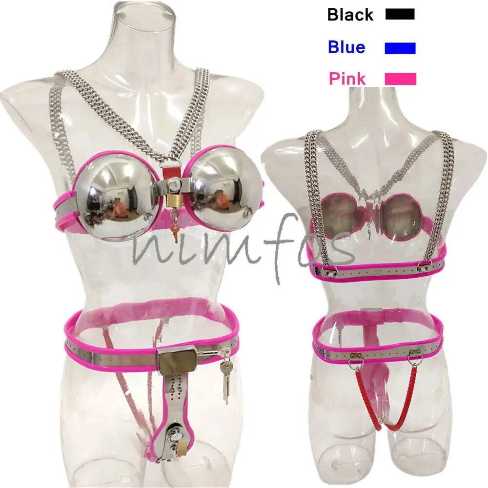 Feminino aço inoxidável Chastity Belt dispositivo com sutiã, coxa acessórios completos, brinquedos sexuais para as mulheres