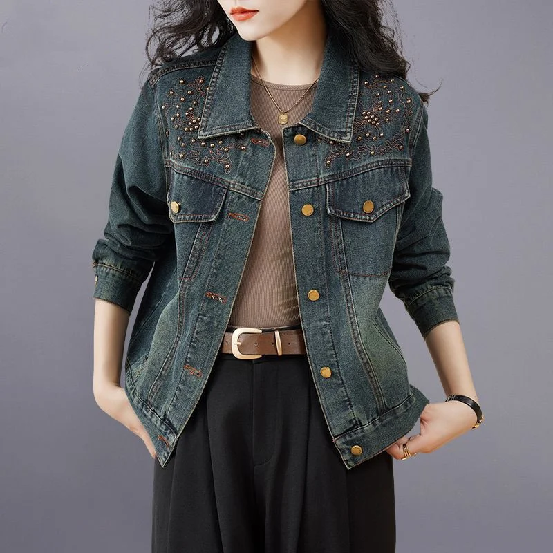 

Denim Jacket For Women 2025 New Spring Autumn Retro Embroidered Long Sleeved Short Coat Casual Lapel Single Breasted Top