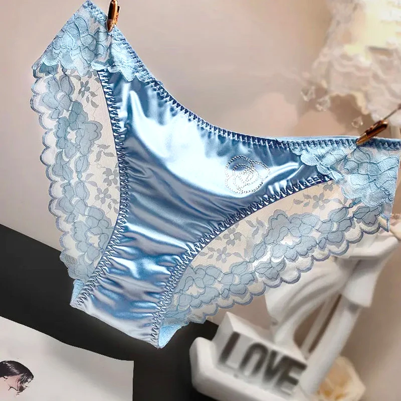 Women Ultra-thin Low-waist Rhinestone Satin Silk Lace Panties Underwear Transparent Seamless Sexy Briefs Breathable