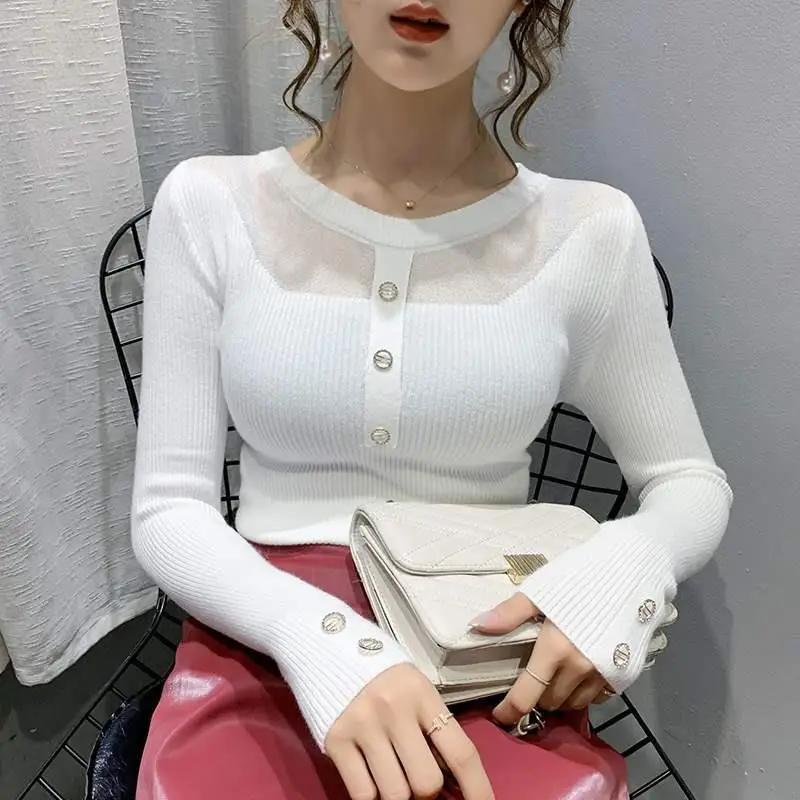 Korean Simplicity Commute Design Gauze Net Montage Button Solid Color Insert Graceful Lace Capable Women\'s Sweater Autumn 2024