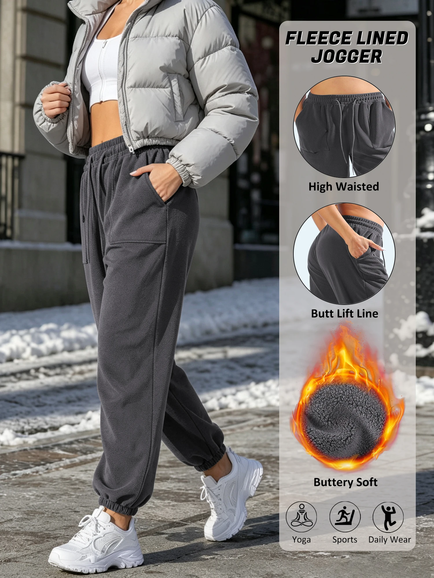 Women's Brushed Fleece Jogger Sweatpants – Cozy Warm Adjustable High-Rise Relaxed Lounge Pants with Pockets