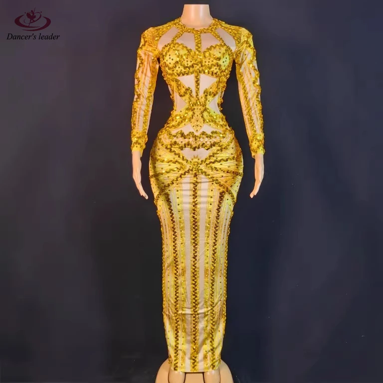 

European and American Model Female Nightclub DJ Jazz Dance With Gold Sequin Lace Elastic Wrap Buttocks Nightclub Clothing
