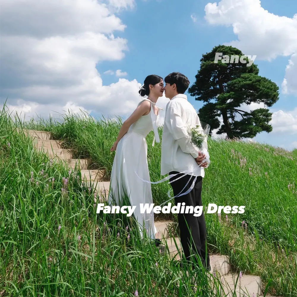 

vFancy Simple Square Neck Wedding Dress Korea Photo Shoot A Line Soft Satin Evening Dresses Back Corset Customized