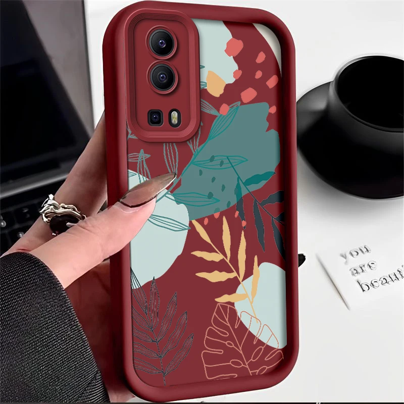 Luxury Fresh Green Leaf Painted Phone Case For Vivo iQOO Z3 Y72 5G Y75s Silicone Anti Drop Soft Cover Funda