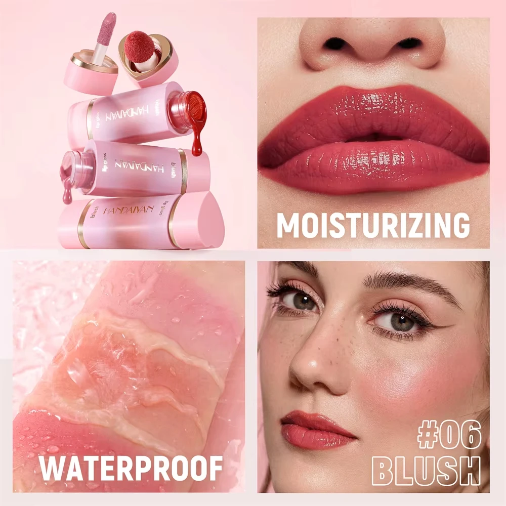 Punta de esponja para colorete líquido 2 en 1, fácil de aplicar, brillo de labios mate, cabezal de cepillo de esponja para colorete resistente al agua de larga duración de 6 colores