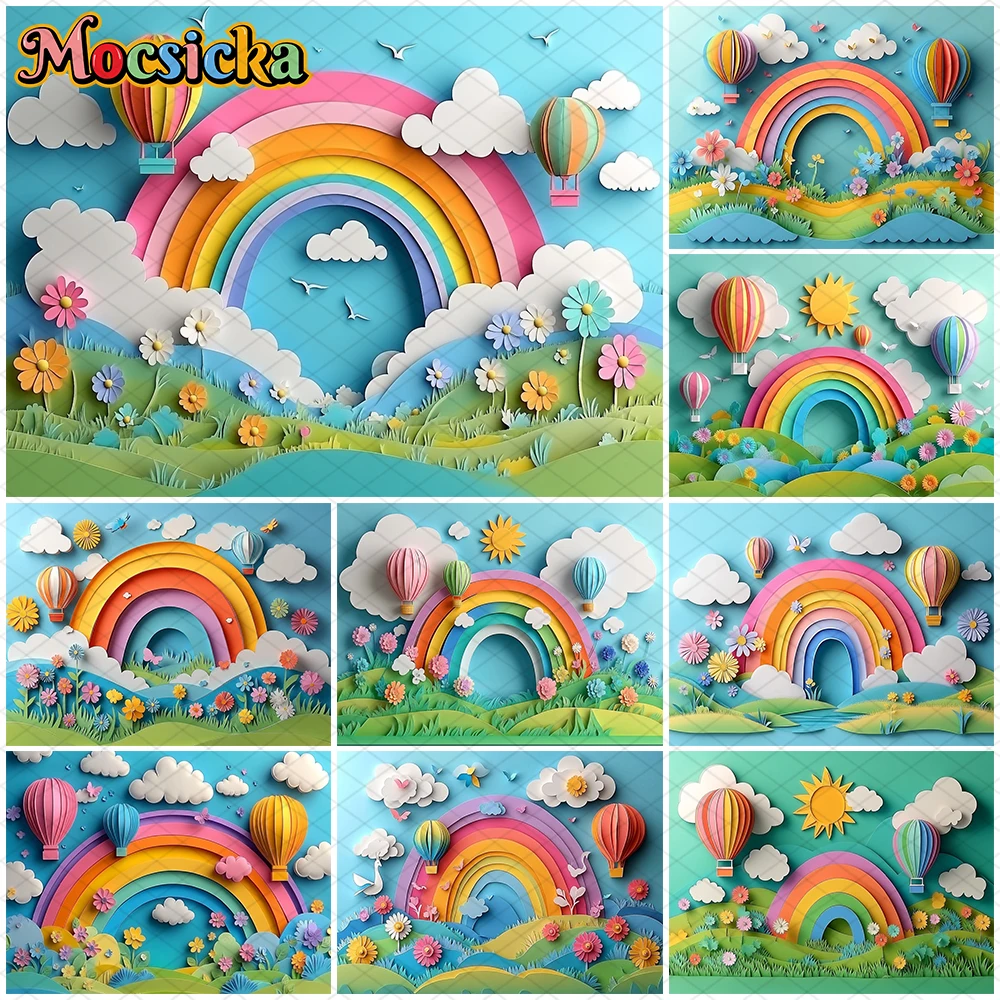 

Mocsicka Rainbow Photography Backdrop Spring Birthday Party Background Cloud Hot Air Balloon Flower Decoration Photo Studio Prop