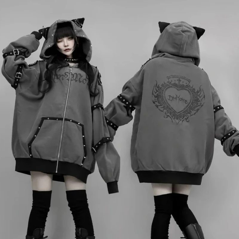 

Y2k Эстетическая толстовка с буквенным принтом в стиле гранж, уличная одежда, женские свободные пальто большого размера с карманами, Harajuku, повседневные толстовки на молнии, осень