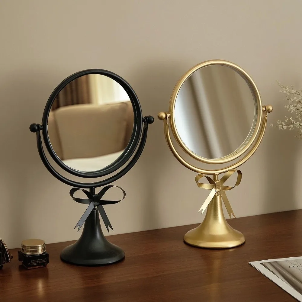 Makeup Tool 360° Rotatable Makeup Mirror Light Luxury Oval Bow Vanity Mirror Simple Iron Frame Desktop Stand Mirror TableTop