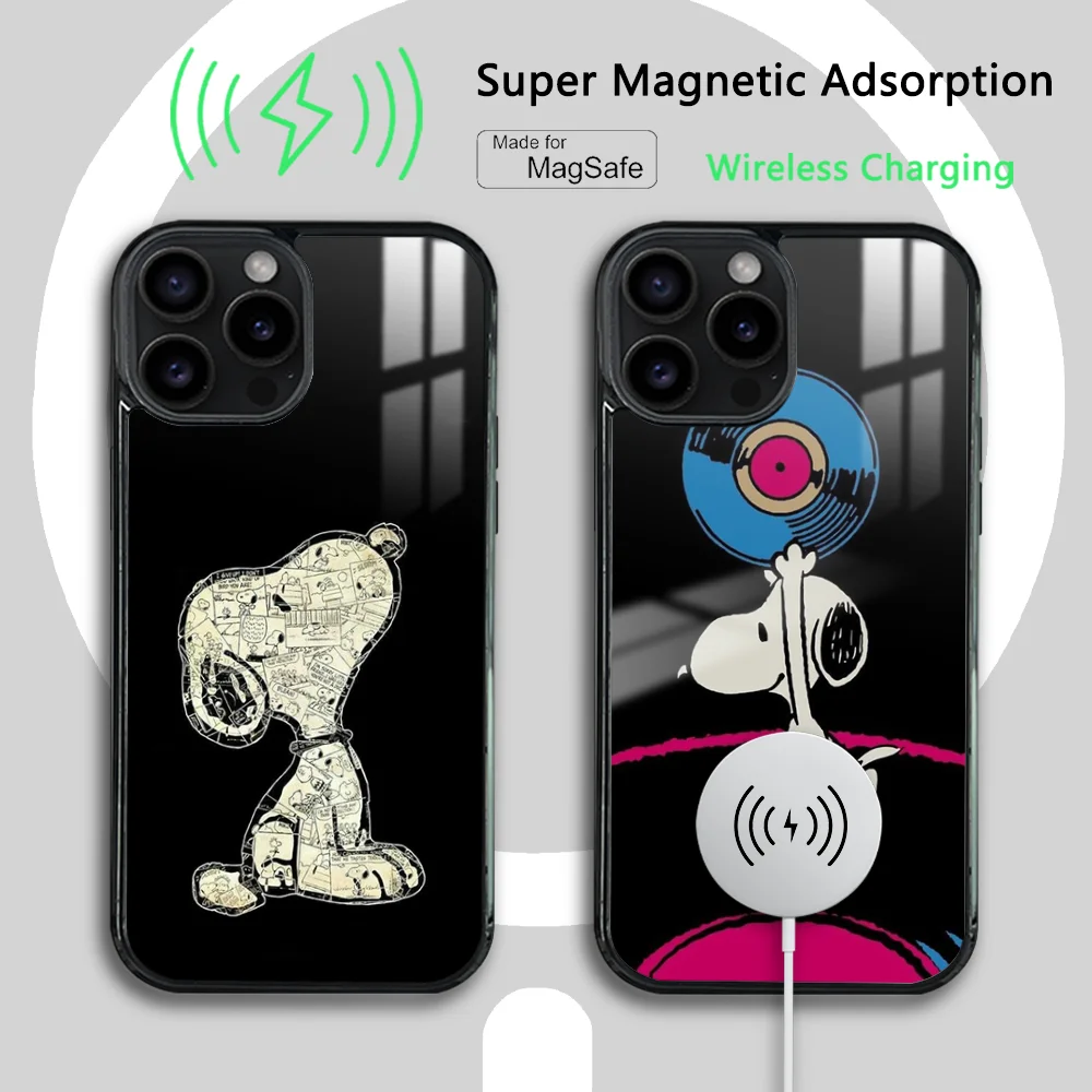 S-Snoopy Cute Cartoon Phone Case For iPhone 15 14 13 12 11 Pro Max Plus Mini Mirror Magnetic Cover Funda Magsafe Case