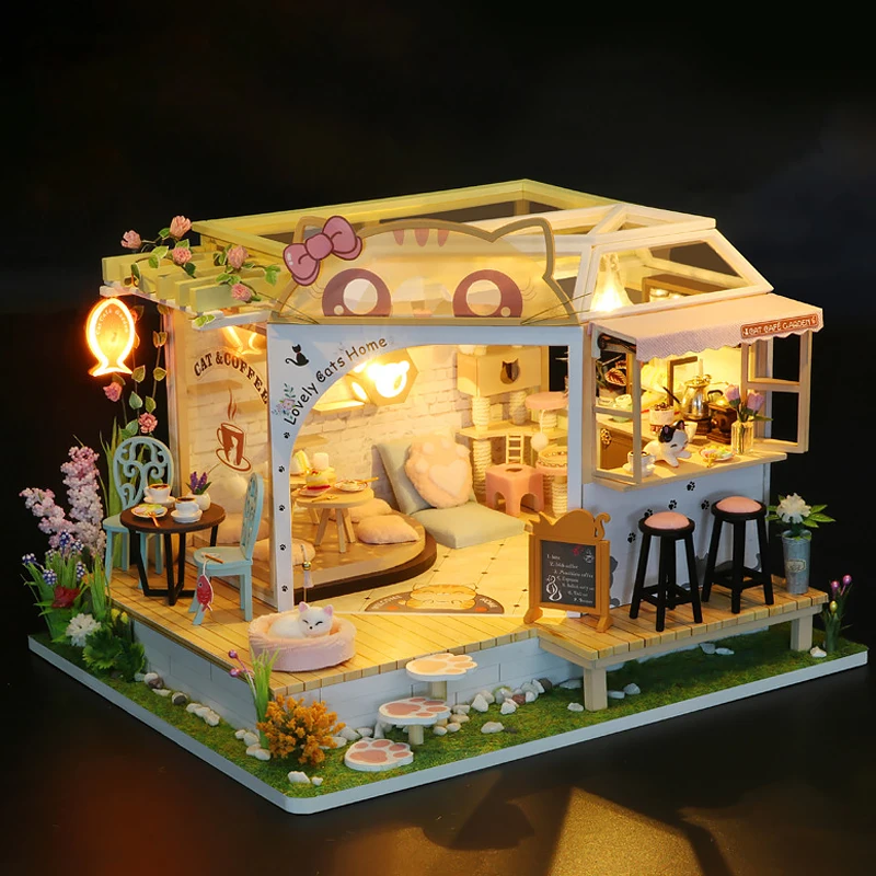 Cat Cafe Wooden Mini Doll House 3D Puzzle Assembly Building Model Kit DIY Miniature Small House Toys Home With Furniture Lights