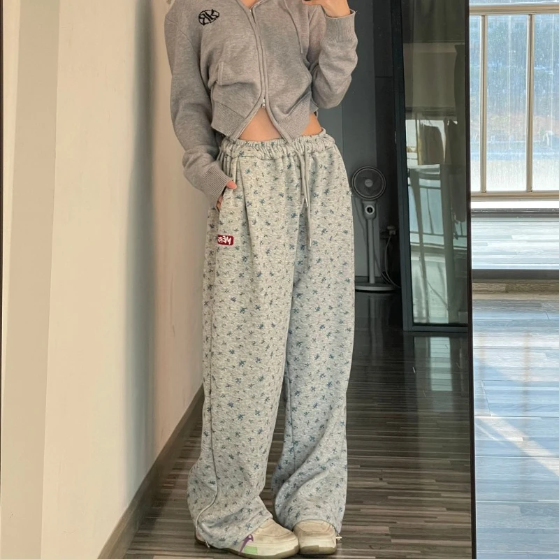 

American Floral Wide-legged Pants Women's Drawstring Full Length Mid-waisted Straight Loose Versatile Casual Sweatpants Female