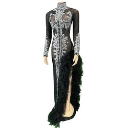 Sequin See Through Mesh Stretch Black Dress Women Festival Floor Length Sexy Singer Stage Wear Lace Birthday Drag Queen Outfit