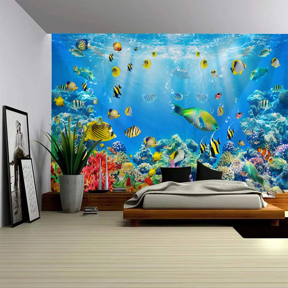 Underwater World Tapestry Wall Hanging Dolphin Shark Seaweed Home Art Decoration Background Bedroom Wall Cartoon Decoration