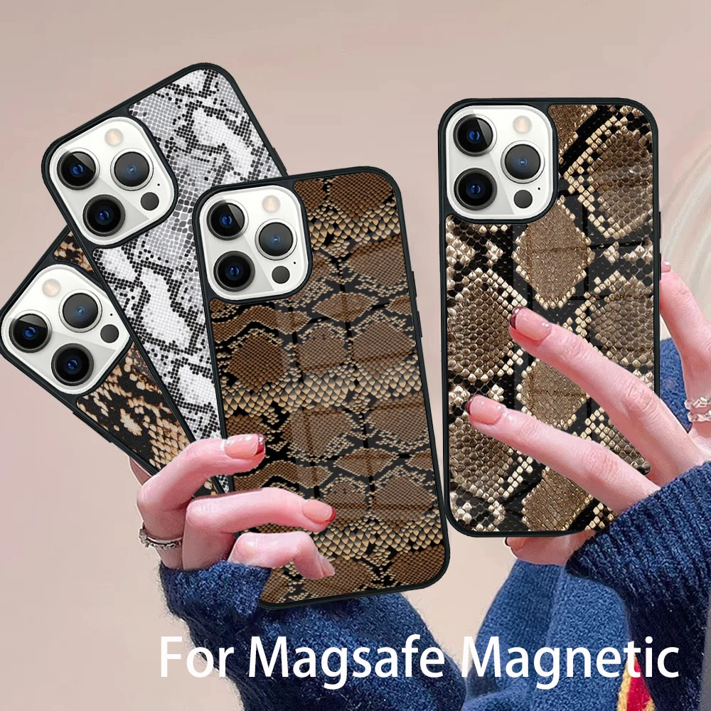 

Snake Skin Phone Case Magesafe Magnetic Wireless Charge Cover For IPhone 16 11 12 13 14 15 Pro Max Plus Mini