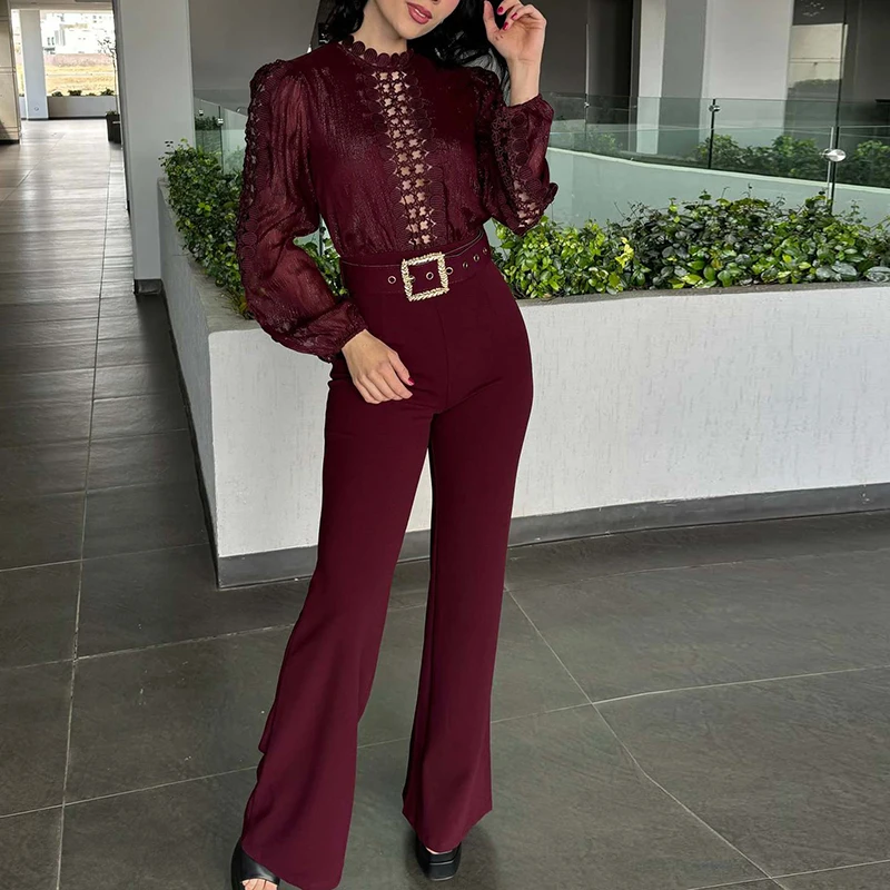 

Fashion Solid Long Sleeve Playsuits Overalls Women Simple High Waist Commute Rompers Casual Mesh Hollow Out Wide Leg Jumpsuits