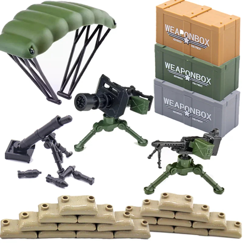 WW2 MOC Military Building Blocks Figures Soliders Weapon Mortar Gun Parachute Box Sandbag Bricks Accessories Model Toys Set Gift