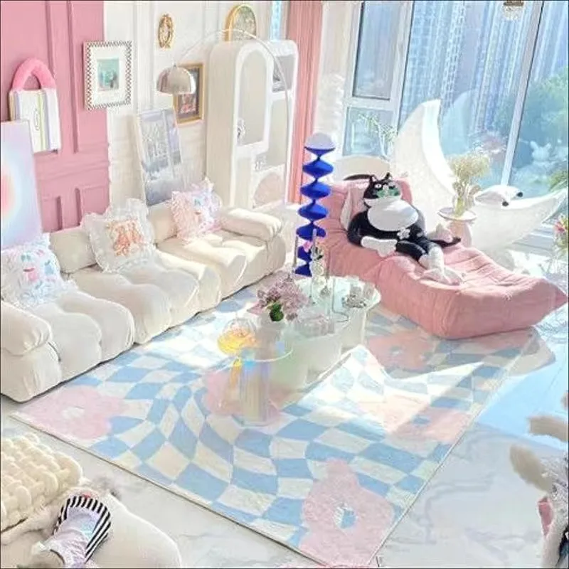 Ins 격자 무늬 거실 장식 카펫, 심플한 침실 침대 옆, 부드러운 카펫, 넓은 면적 매트, 레저 서재, 클로크룸 미끄럼 방지 러그