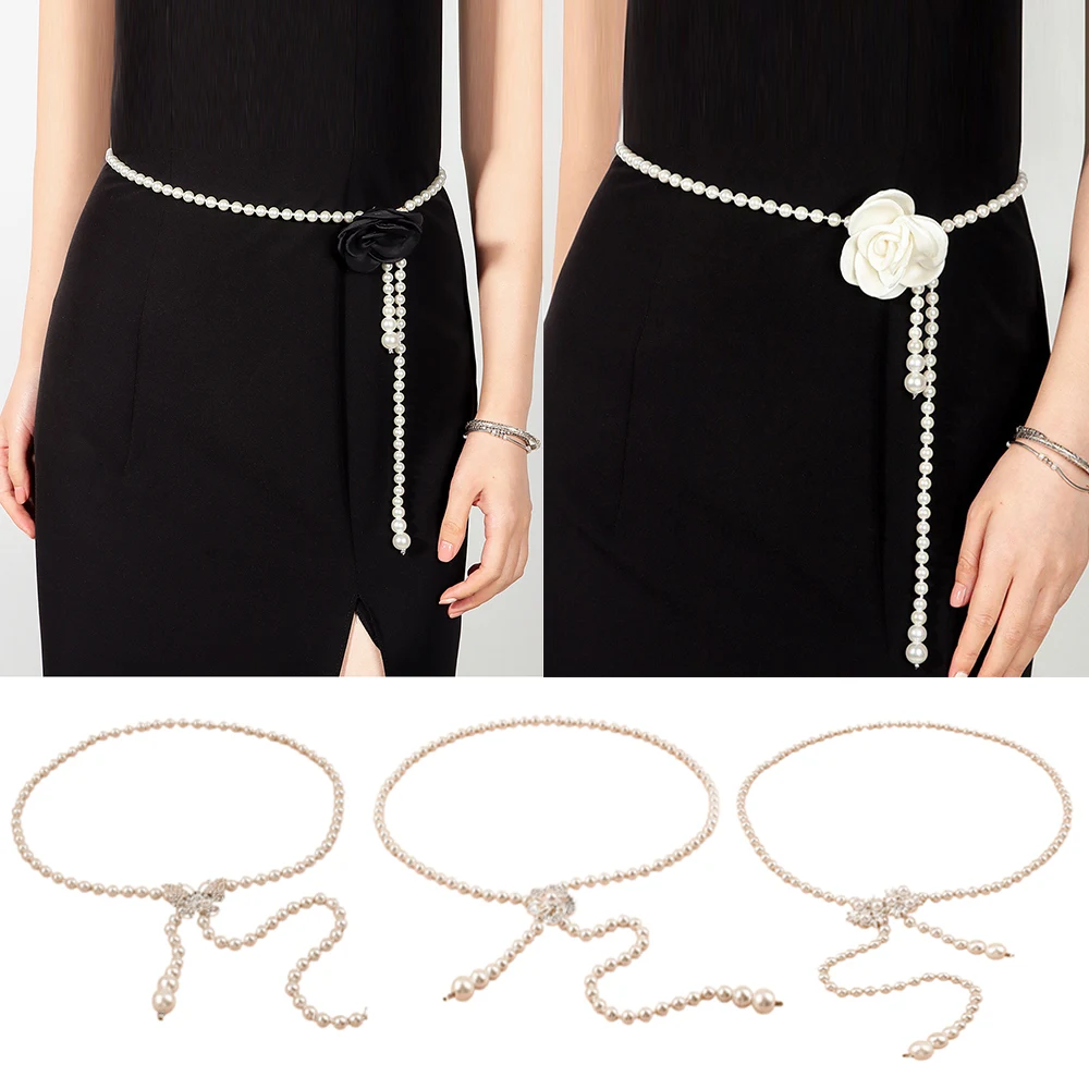 New Fashion Camellia Pearl Waist Chain Women Decorative Flowers Fashion Thin Waist Belt Chain Women Skirt Casual Sweet Wind