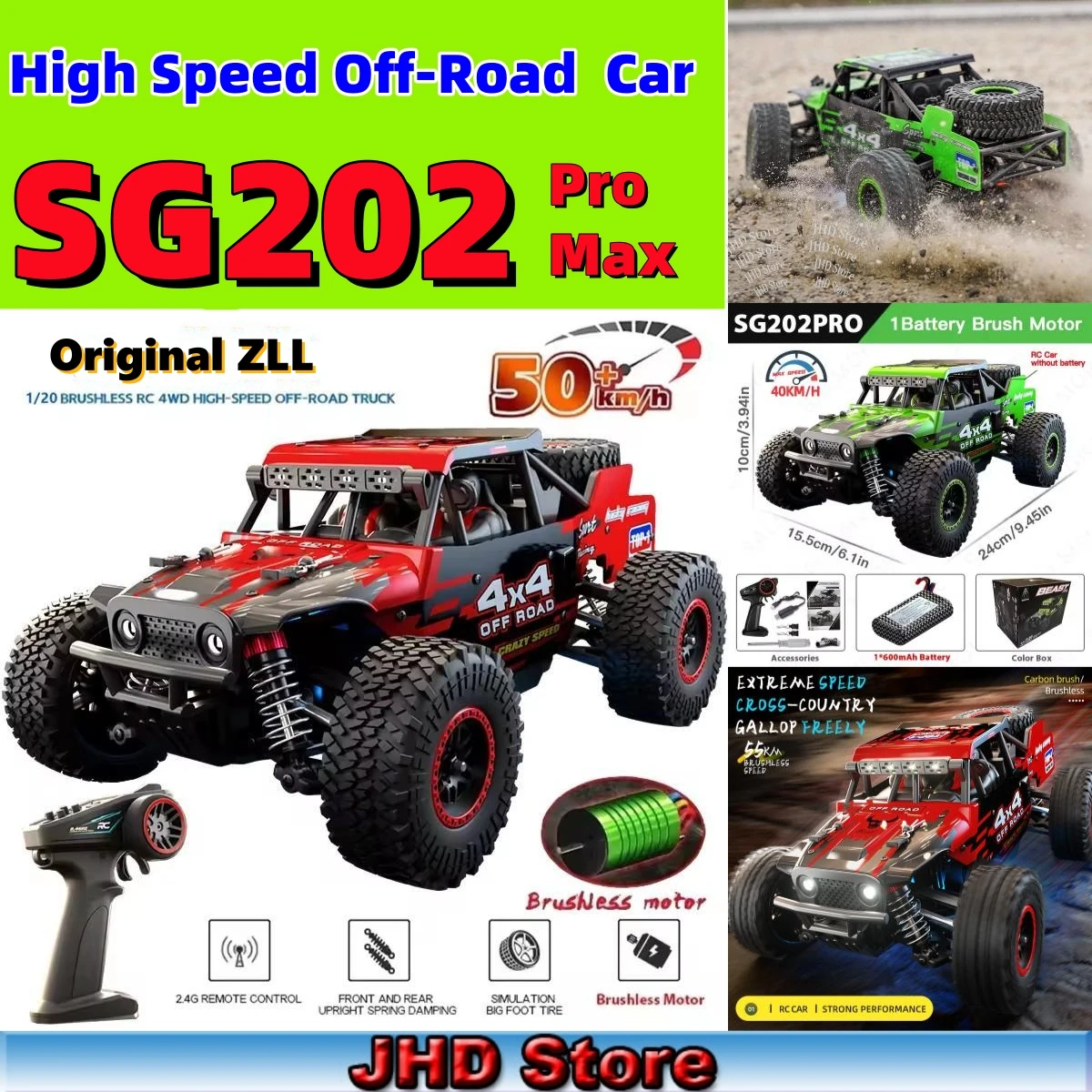 

JHD For SG202MAX SG202PRO 1:20 55KM/H 2.4G RC Car With LED Light 4WD Brushless Electric High Speed Off-Road SG202 RC Car
