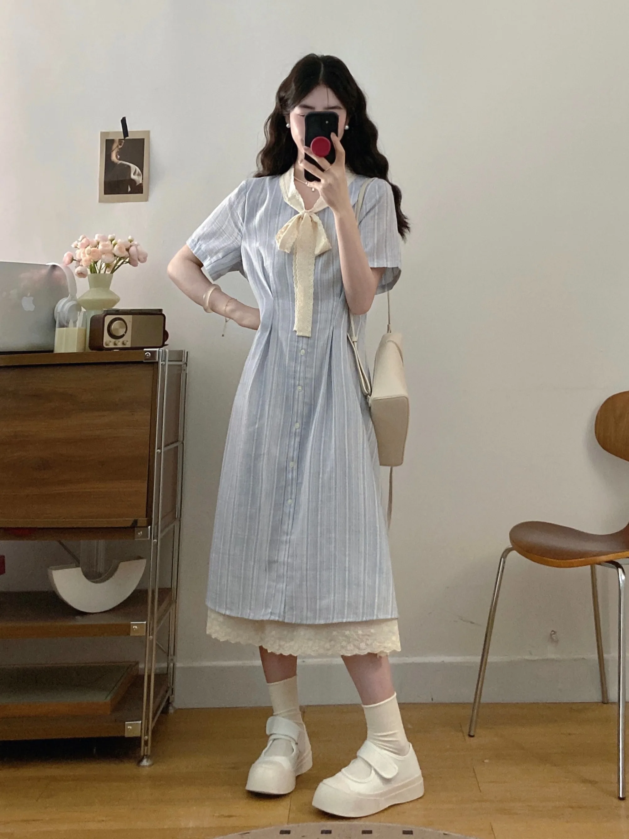 

Летнее синее кружевное платье больших размеров с узлом, стройнящее, универсальное, в стиле принцессы, с юбкой А-силуэта, женская повседневная модная одежда