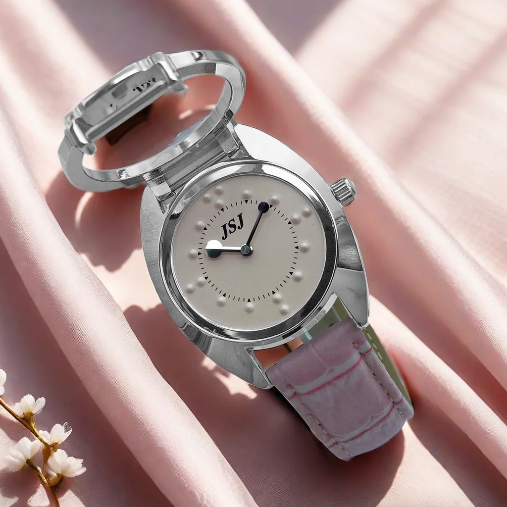 นาฬิกาสัมผัสสําหรับคนตาบอดหรือสายตาต่ําพร้อมสายหนังสีชมพู หน้าปัดสีชมพู