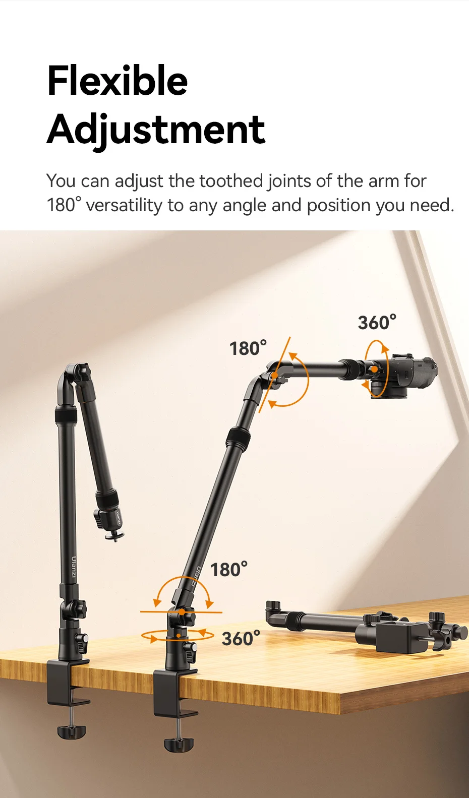 Ulanzi zj02 kamera schreibtisch halterung mit halte arm 4,8 cm c-klemme flexible verstellung verlängern bis 65cm arm für stillleben fotografie – Detail 4