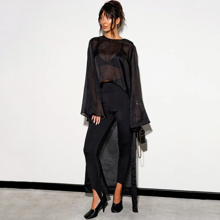 Linad Sexy Sheer Asymmetrische Lange Jurk Vrouw Zwarte Elegante O Hals Flare Mouw Jurken Street Chic Enkellange Jurk 2026