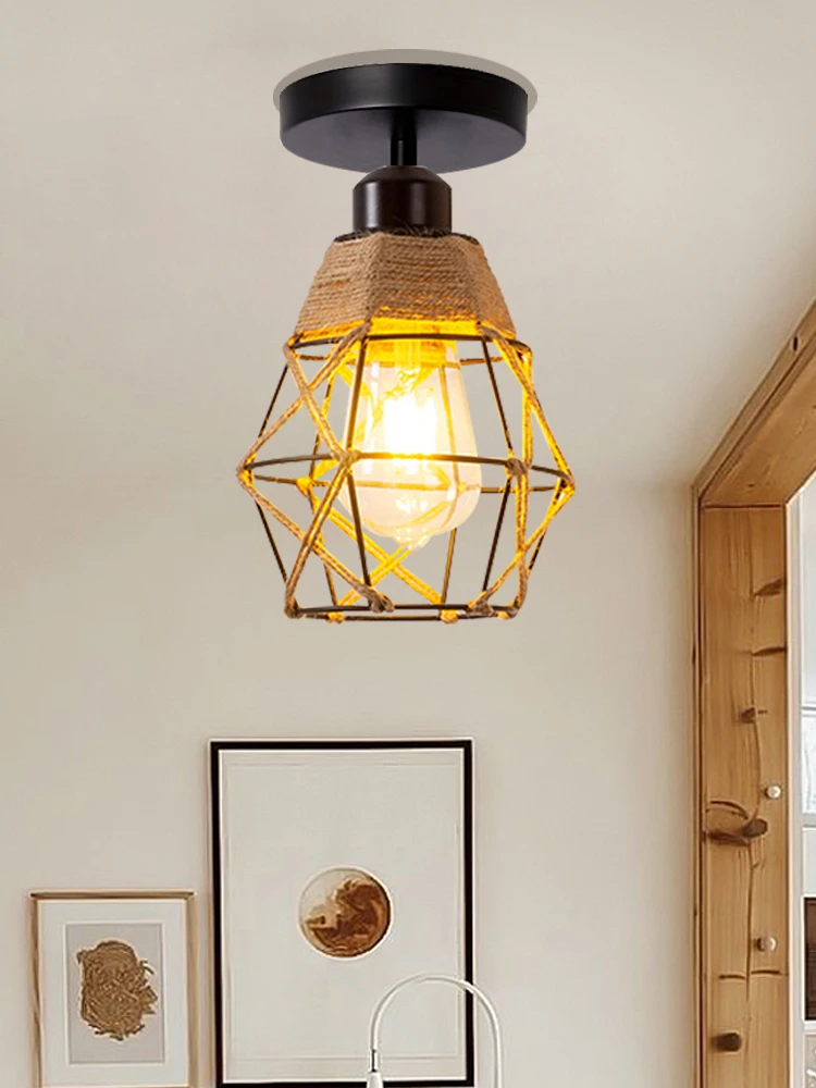 

Rustic vintage hand-woven hemp rope E27 ceiling light for bedroom, hallway, balcony, bathroom, staircase lighting