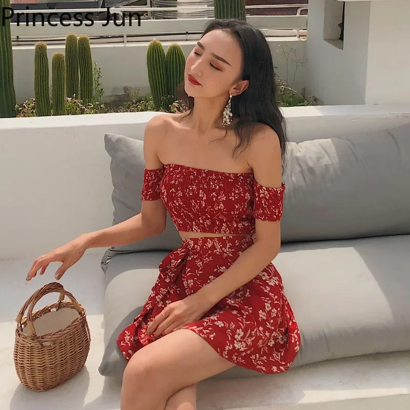 Summer Floral 2 Piece Sets Outfits Sexy Slash Neck Off Shoulder Shirt Crop Top&High Waist Mini Skirt Small Girl 2pc Dress Suits