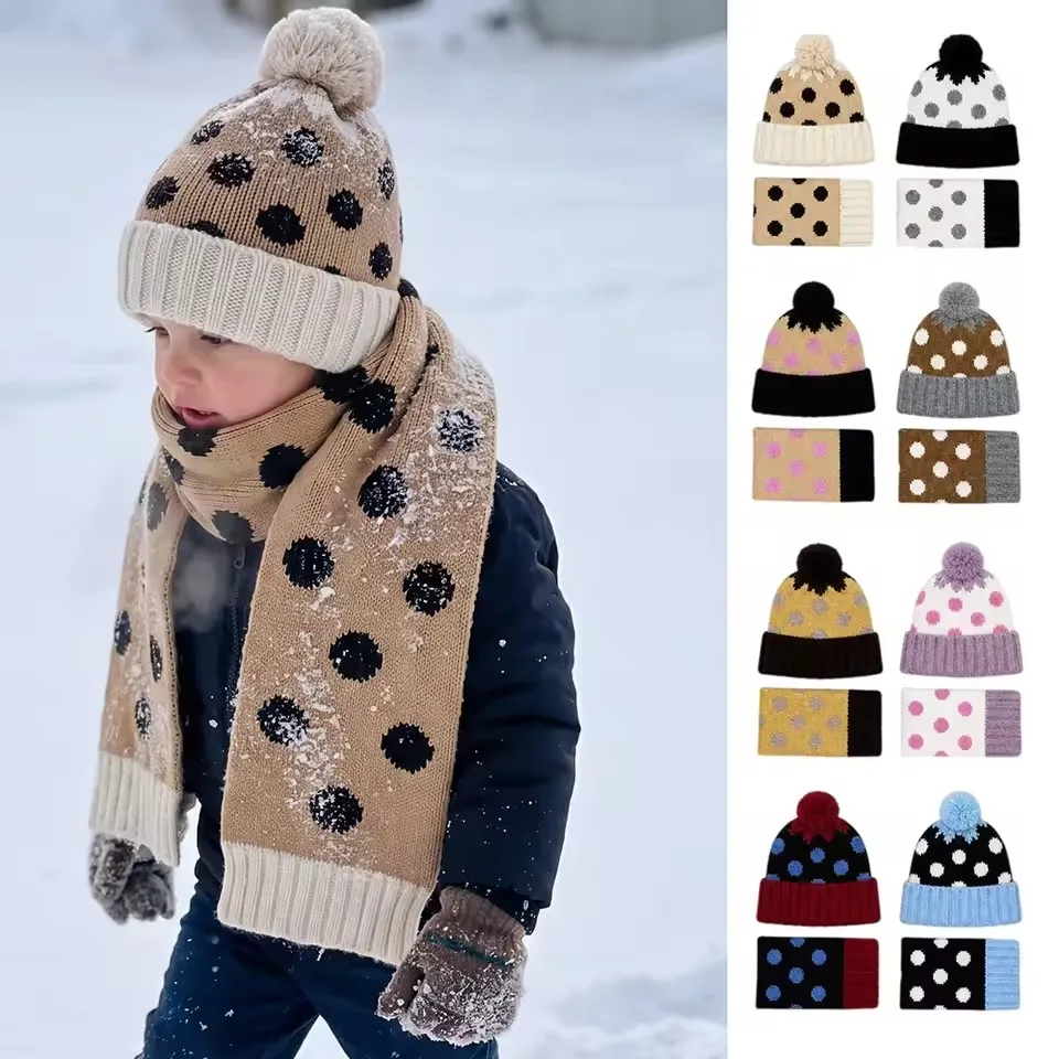 Children's Hat Scarf Sets Girl 1-5T Set Child Girl Winter Warmer Kids Hat + Scarf Suit Dots Boys Children's Christmas Scarf Set