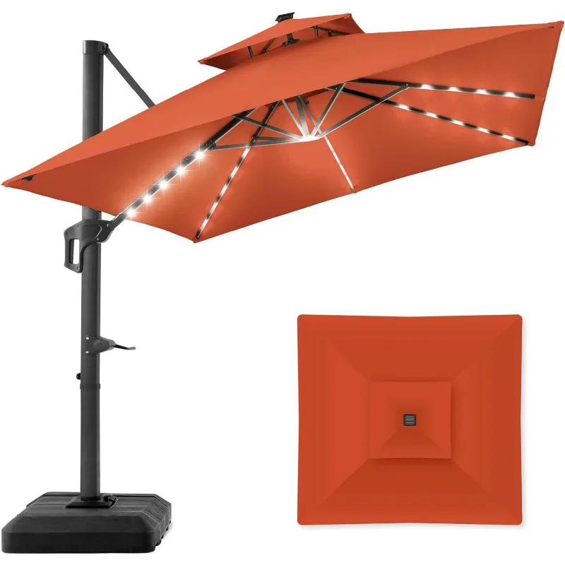 10x10ft 2-poziomowy kwadratowy parasol na Patio z solarne lampy LED, przesuniętym wiszącym parasol przeciwsłoneczny na podwórku w zestawie