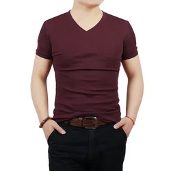 Summer Korean Clothing Breathable Men's Wine Red Slim Fit T-shirt V Neck Bodycon plus size 6XL Gym Short Sleeve Tee Tops