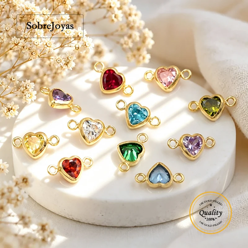 14k Gold Filled Heart-Shaped Birthstone Connectors with 3/4mm CZs Mix & Match Permanent Jewelry Accessories for Bracelet Making