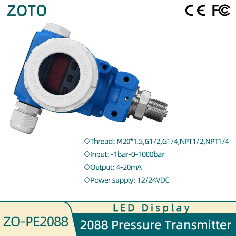 

LED Display 2088 Pressure Transmitter Measurement -1bar-0-1000bar Water Gas Oil Liquid Pressure Sensor 4-20mA