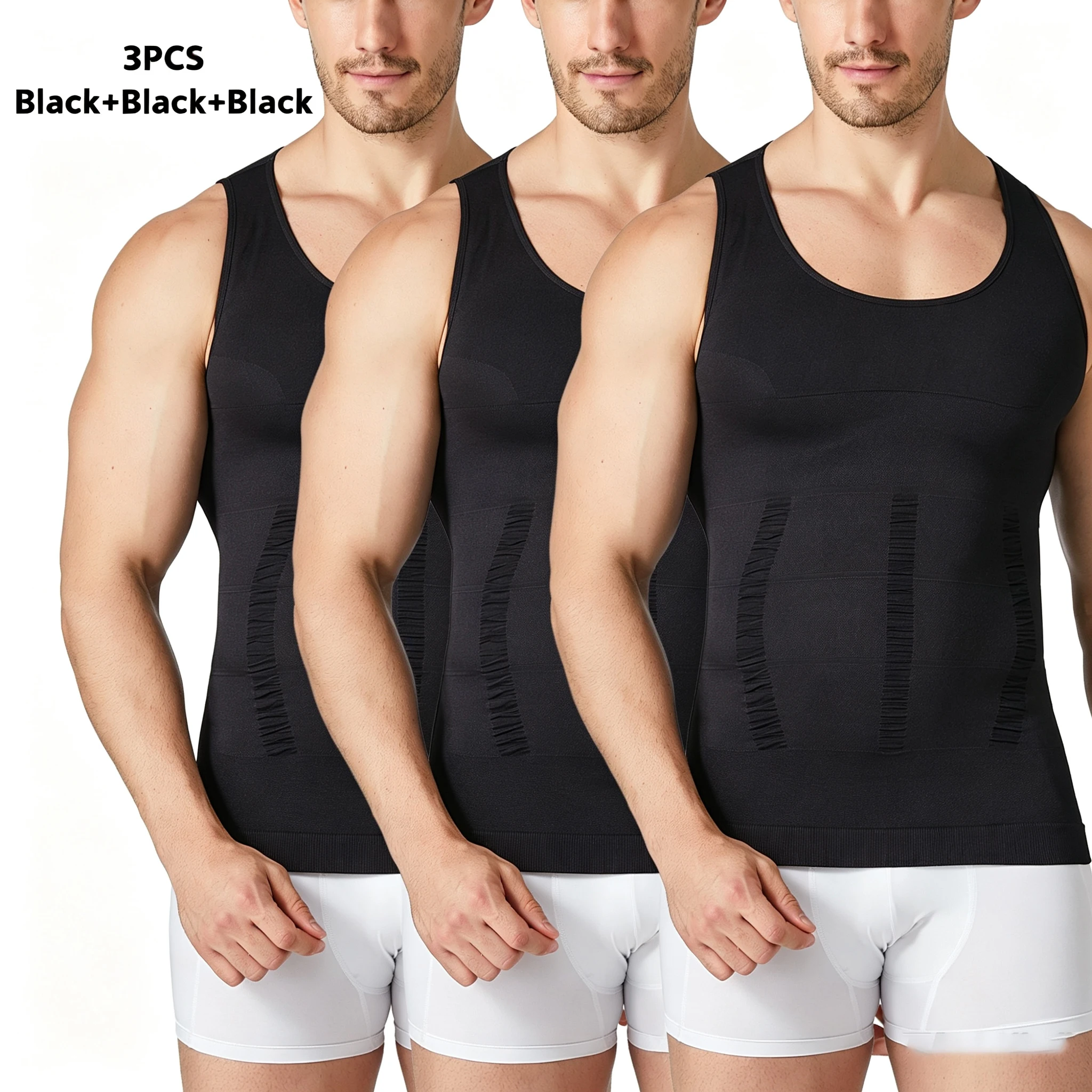 Chaleco de compresión para hombre, paquete de 3, camiseta moldeadora con control de abdomen, disimula la barriga, transpirable, de nailon y elastano, para gimnasio y uso diario