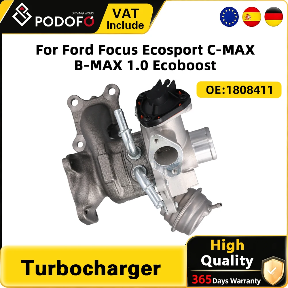 Turbocompresseur Podofo OE 1808411 pour Ford Focus Ecosport C-MAX B-MAX 1.0 Ecoboost 92kW CM5G6K682GB Remplacement direct du turbo Ensemble turbo complet