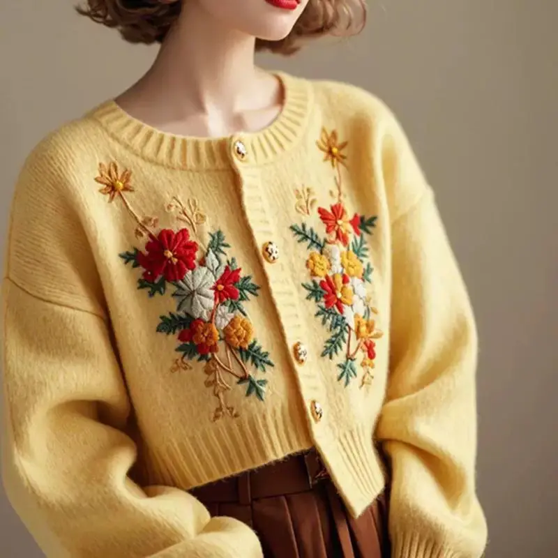 

2025 Women Floral Embroidered Irregular Hem Cardigan Long Sleeve O Neck Single Breasted Autumn Coat Yellow Knit Outerwear