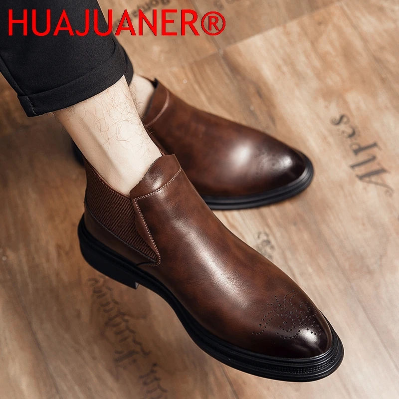 الرجعية تشيلسي أحذية للرجال عالية الجودة جلدية أحذية عمل رسمية النمط البريطاني الذكور حذاء من الجلد الأعمال البروغ أحذية بوت قصيرة