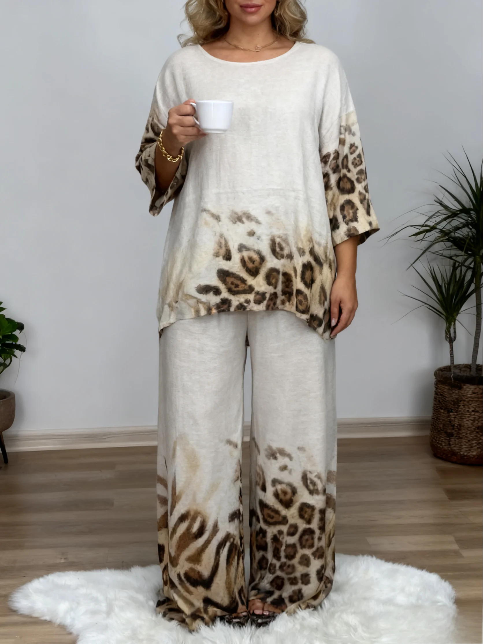 طقم مكون من قطعتين للنساء مقاس كبير، مرقع متدرج بطباعة الفهد، طقم سراويل طويلة فضفاضة وغير رسمية