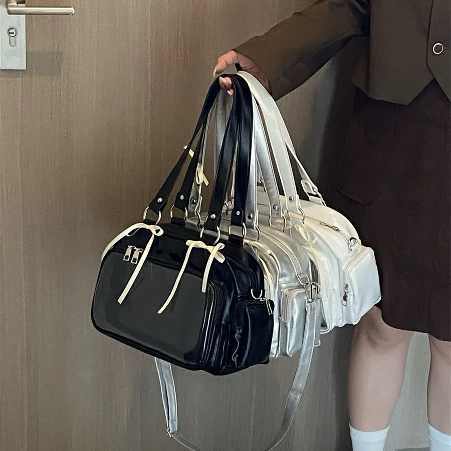 Ita Bag for Women Large Capacity PU Leather Transparent Pocket Shoulder Crossbody Bag Black White Silver Daily School Gift