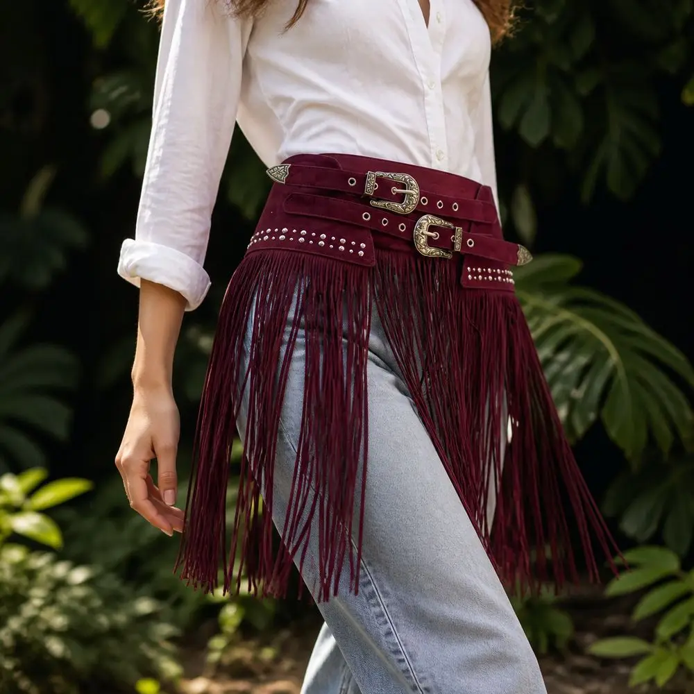 Soft Matte Look Western Waist Belt Extra Wide Suede Material Fringe Waist Belt Rivet Decor Boho Belt Western Cowboy Style