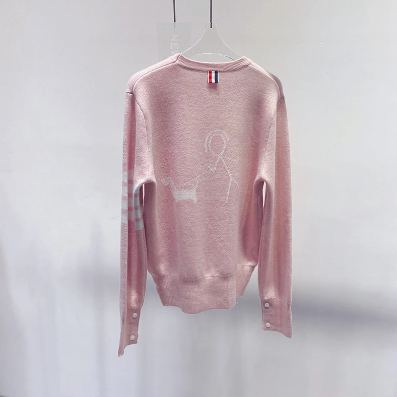 Sweet Girl Y2k Pink Knitted Wool Pullover Back Pattern Jacquard Creative Design Trend Brand Fashion Simple Women's Sweater