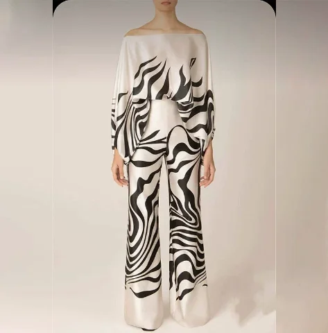2025 Spring New Suit European and American Fashion Printed One Shoulder Loose Bat Sleeve Waist Wide Leg Pants Fashion Suit