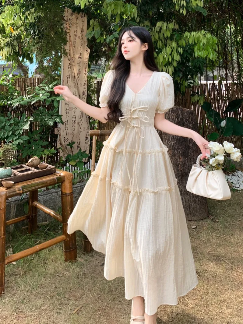 Summer Retro Gentle Style Slim V-neck Fairy Holiday Style Dress Apricot Blossom Waist White Princess Dress Long Dress