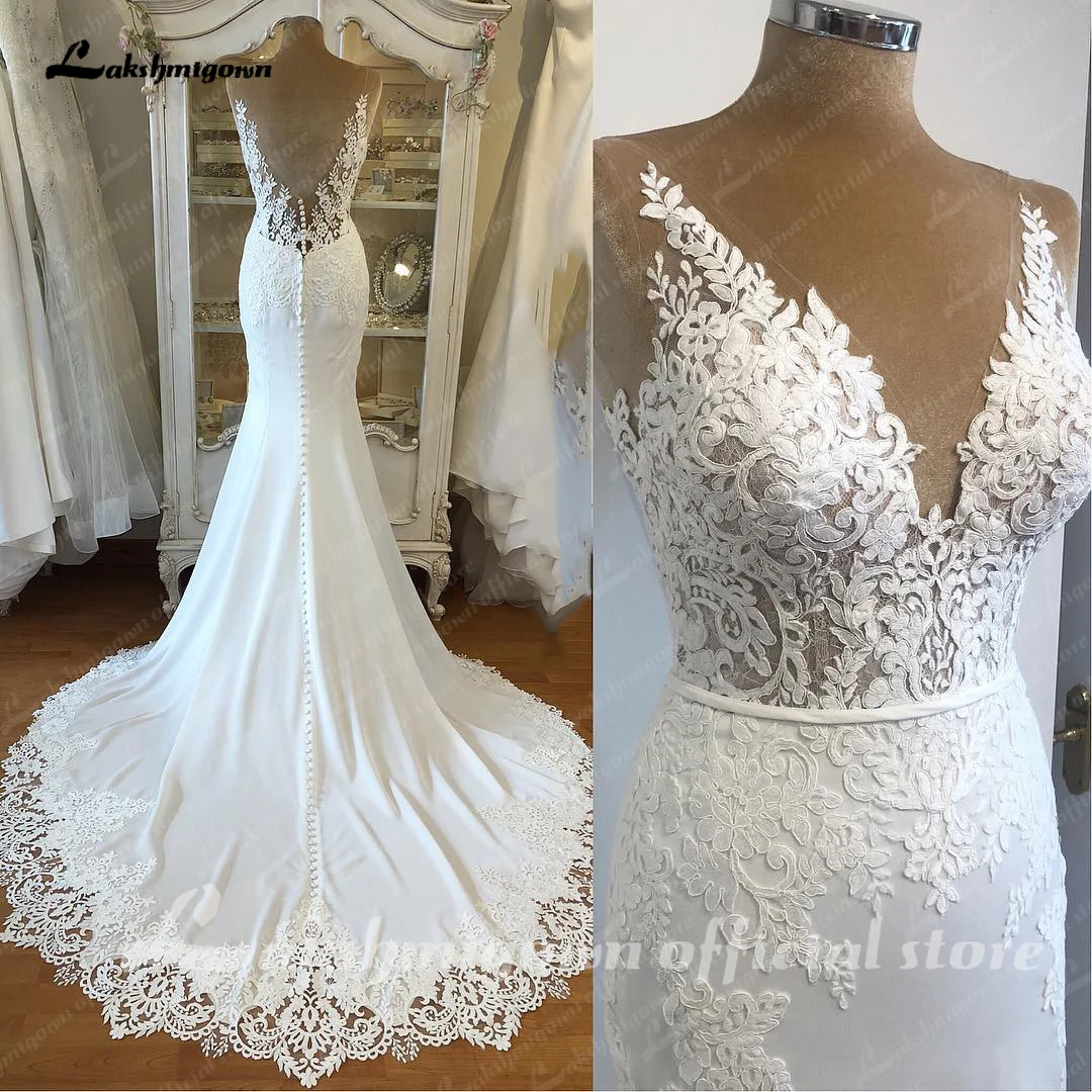 

Lakshmigown Satin Mermaid Wedding Dress Plunging Backless Sexy Bridal Dress Trouwjurken Vintage Lace Receipt Wedding Gown