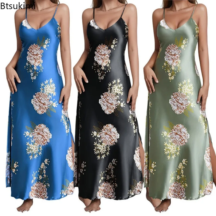 New 2026 Women's Summer Elegant Sexy V-Neck Floral Print Silky Comfort Smooth Slip Nightgowns Sleep Dresses Loungewear Sleepwear