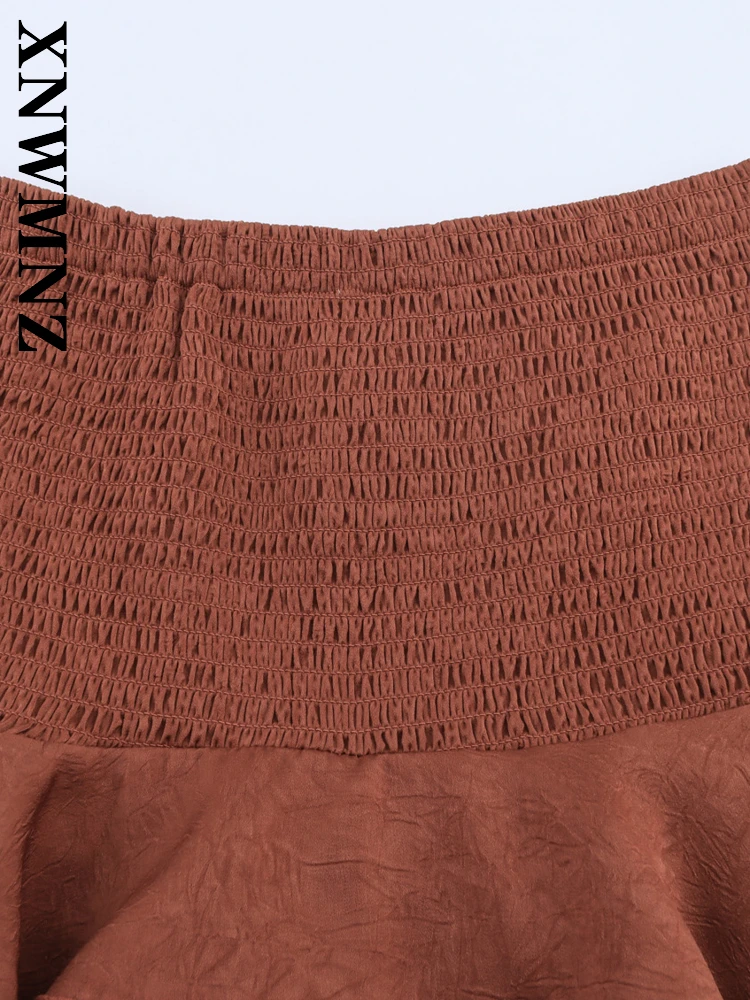 XNWMNZ 2025 verano mujer club moda banda elástica falda con gradas pantalones Sexy señora marrón empalme pantalones cortos Chic cintura alta